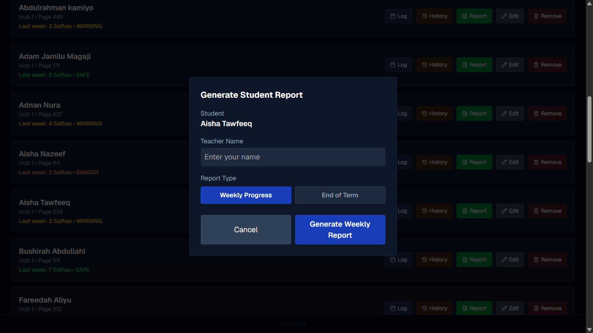 Alfirdaus Hifz interface for generating weekly or end-of-term student progress reports