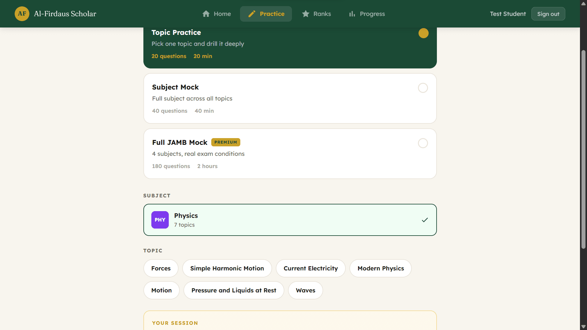 Alfirdaus JAMB Forge Version 1 full JAMB mock examination interface