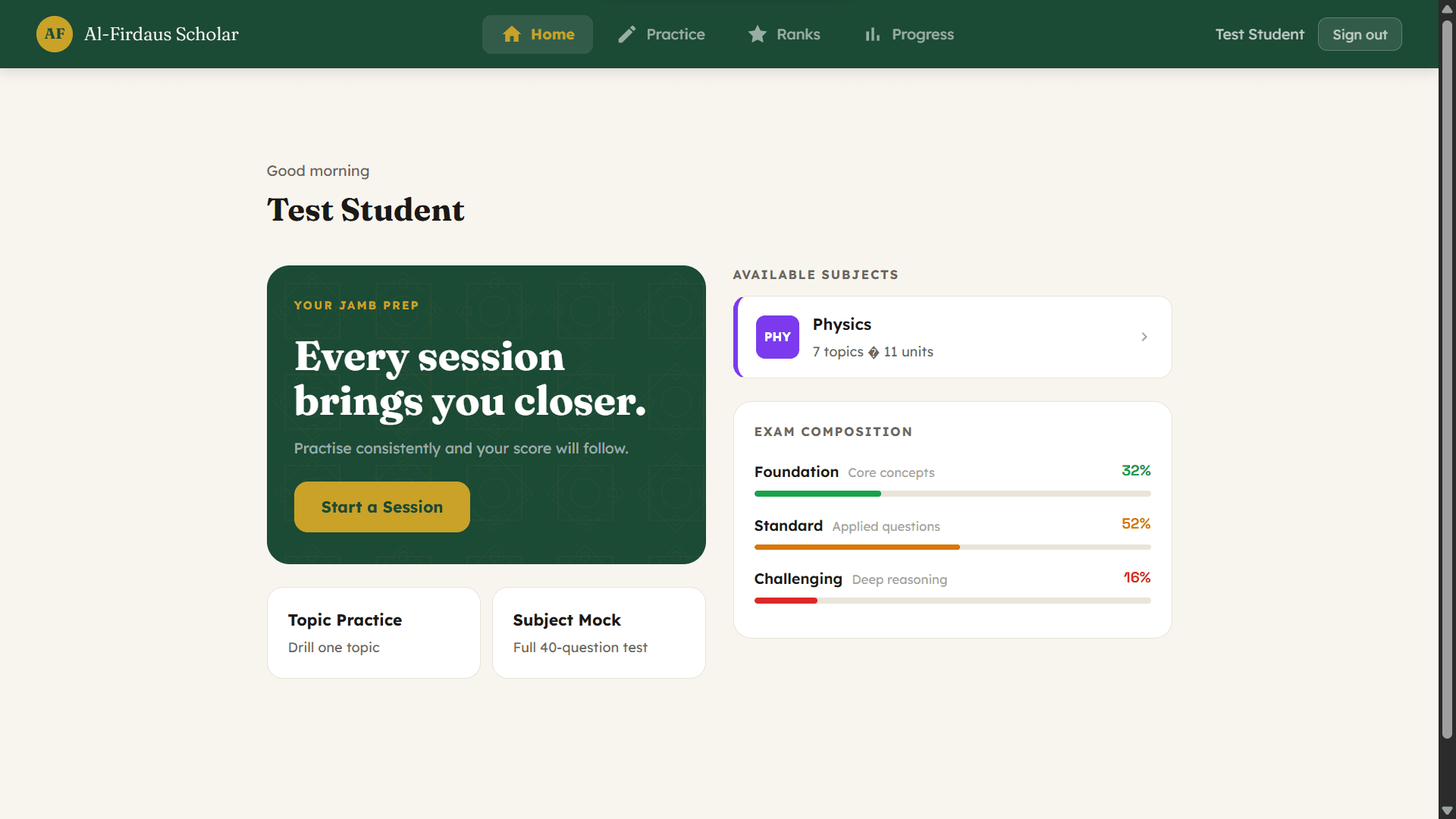 Alfirdaus JAMB Forge Version 1 student dashboard showing preparation and performance information